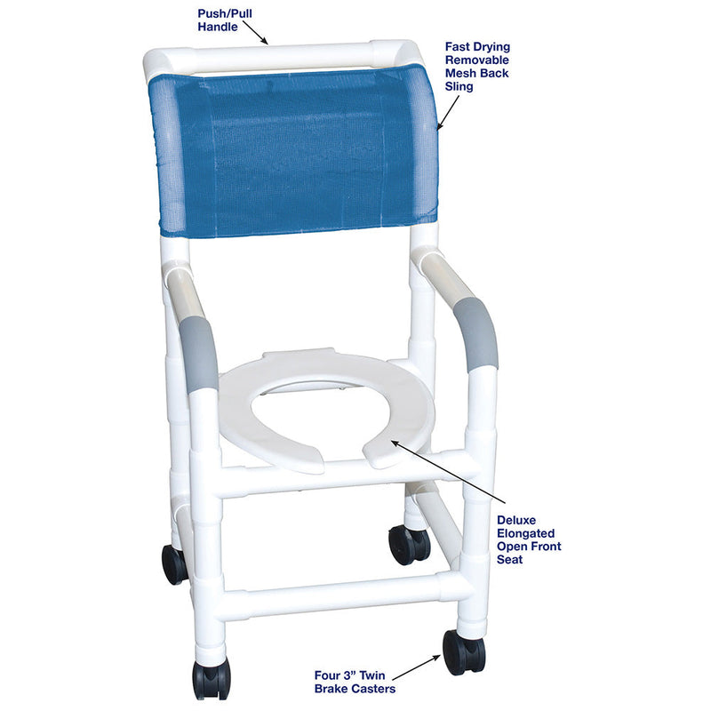 MJM International 115-3 Shower chair 15" internal width, for small adult or pediatric needs, 3" twin casters, open front seat, 250 lbs weight capacity MJM International 115-3 Shower chair 15" internal width, for small adult or pediatric needs, 3" twin casters, open front seat, 250 lbs weight capacity