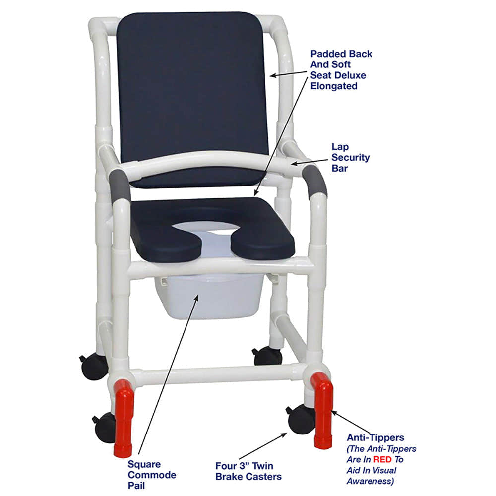 MJM International 118-3-SSDE-CBP-AB-SQ-PAIL-LSB-AT Shower Chair With Soft Seat Deluxe Elongated, Cushion Back, Square Pail, Lap Safety Bar and Anti-Tipper MJM International 118-3-SSDE-CBP-AB-SQ-PAIL-LSB-AT Shower Chair With Soft Seat Deluxe Elongated, Cushion Back, Square Pail, Lap Safety Bar and Anti-Tipper