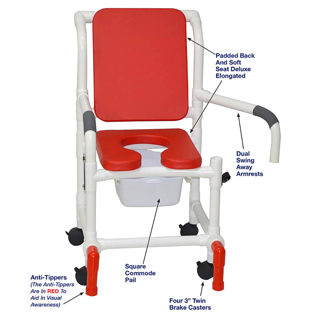 MJM International 118-3TW-SSDE-CBP-RD-DDA-SQ-PAIL-AT Shower Chair With Soft Seat Deluxe Elongated, Cushion Back, Dual Swing Away Armrests, Sliding Footrest, Square Pail, And Anti-Tippers MJM International 118-3TW-SSDE-CBP-RD-DDA-SQ-PAIL-AT Shower Chair With Soft Seat Deluxe Elongated, Cushion Back, Dual Swing Away Armrests, Sliding Footrest, Square Pail, And Anti-Tippers