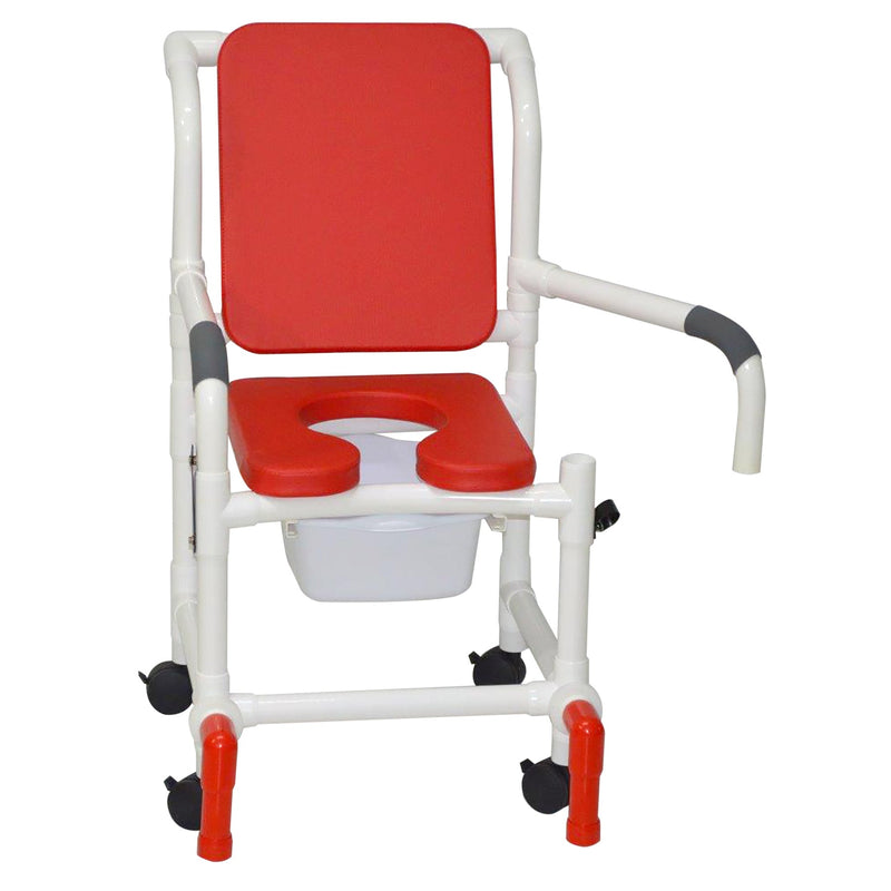 MJM International 118-3TW-SSDE-CBP-RD-DDA-SQ-PAIL-AT Shower Chair With Soft Seat Deluxe Elongated, Cushion Back, Dual Swing Away Armrests, Sliding Footrest, Square Pail, And Anti-Tippers MJM International 118-3TW-SSDE-CBP-RD-DDA-SQ-PAIL-AT Shower Chair With Soft Seat Deluxe Elongated, Cushion Back, Dual Swing Away Armrests, Sliding Footrest, Square Pail, And Anti-Tippers