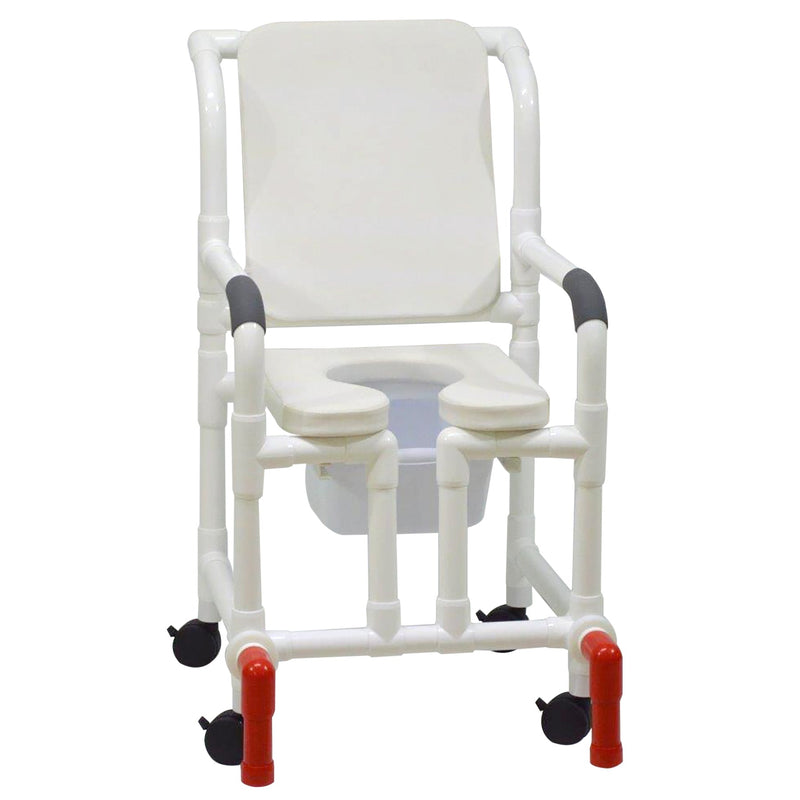 MJM International 118-3-SSDE-CBP-WH-OF-SQ-PAIL-AT Shower Chair With Soft Seat Deluxe Elongated, Cushion Back, Open Front, Square Pail And Anti-Tippers MJM International 118-3-SSDE-CBP-WH-OF-SQ-PAIL-AT Shower Chair With Soft Seat Deluxe Elongated, Cushion Back, Open Front, Square Pail And Anti-Tippers