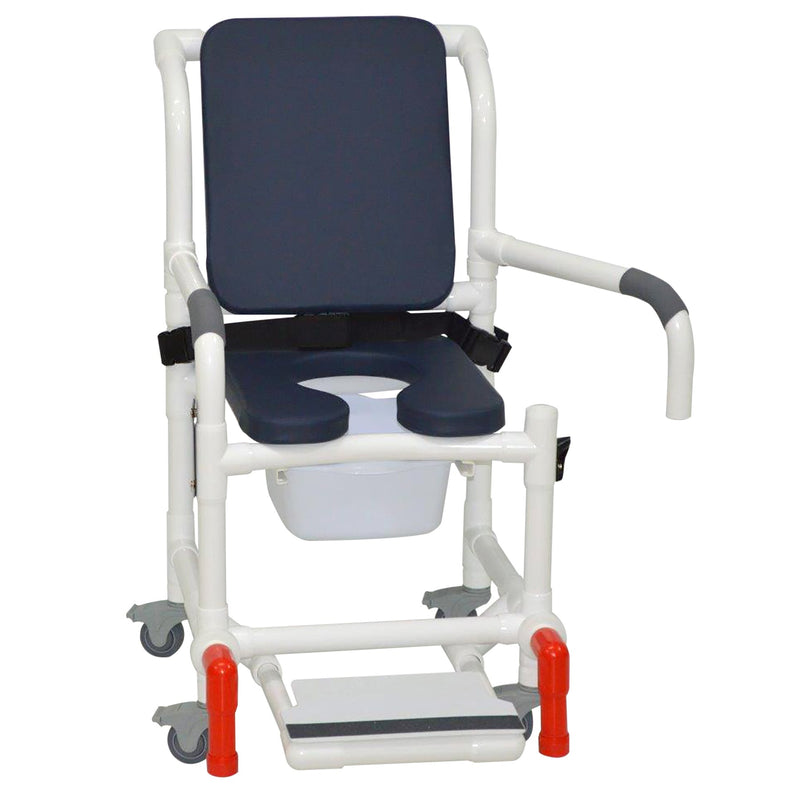MJM International 118-3TL-SSDE-CBP-AB-DDA-SF-10-QT-C-BB-AT Shower Chair With Total Lock Casters, Soft Seat Deluxe Elongated, Cushion Back, Dual Swing Away Armrests, Sliding Footrest, Square Pail, Safety Belt and Anti-Tippers MJM International 118-3TL-SSDE-CBP-AB-DDA-SF-10-QT-C-BB-AT Shower Chair With Total Lock Casters, Soft Seat Deluxe Elongated, Cushion Back, Dual Swing Away Armrests, Sliding Footrest, Square Pail, Safety Belt and Anti-Tippers
