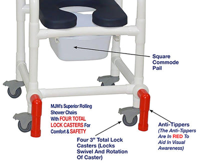 MJM International 118-3TL-SSDE-CBP-AB-10-QT-C-LSB-AT Shower Chair With Total Lock Casters, Soft Seat Deluxe Elongated, Cushion Back, Square Pail, Lap Security Bar and Anti-Tippers MJM International 118-3TL-SSDE-CBP-AB-10-QT-C-LSB-AT Shower Chair With Total Lock Casters, Soft Seat Deluxe Elongated, Cushion Back, Square Pail, Lap Security Bar and Anti-Tippers