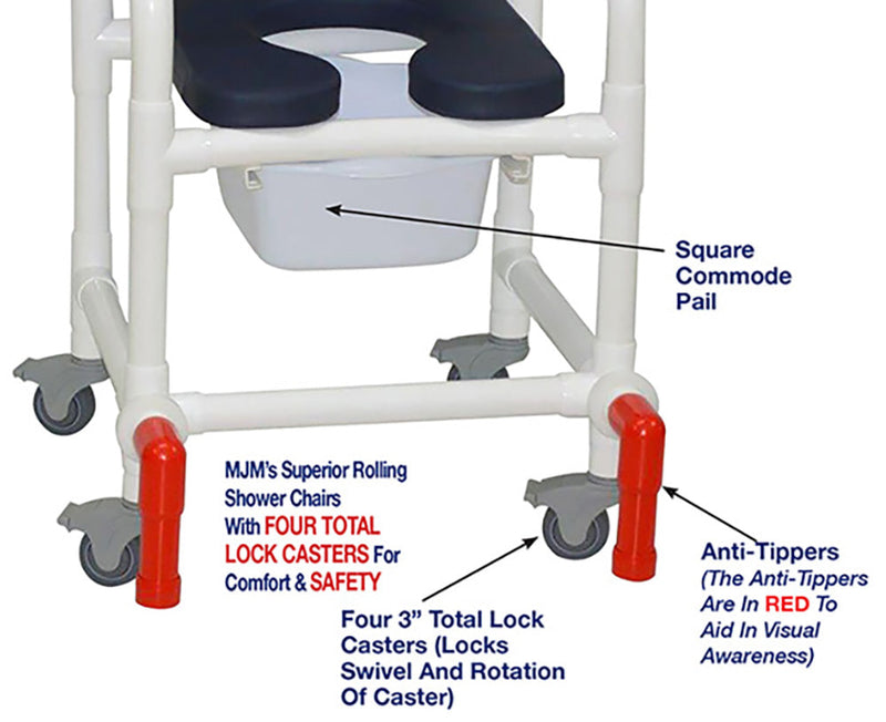MJM International 118-3TL-SSDE-CBP-AB-10-QT-C-LSB-AT Shower Chair With Total Lock Casters, Soft Seat Deluxe Elongated, Cushion Back, Square Pail, Lap Security Bar and Anti-Tippers MJM International 118-3TL-SSDE-CBP-AB-10-QT-C-LSB-AT Shower Chair With Total Lock Casters, Soft Seat Deluxe Elongated, Cushion Back, Square Pail, Lap Security Bar and Anti-Tippers
