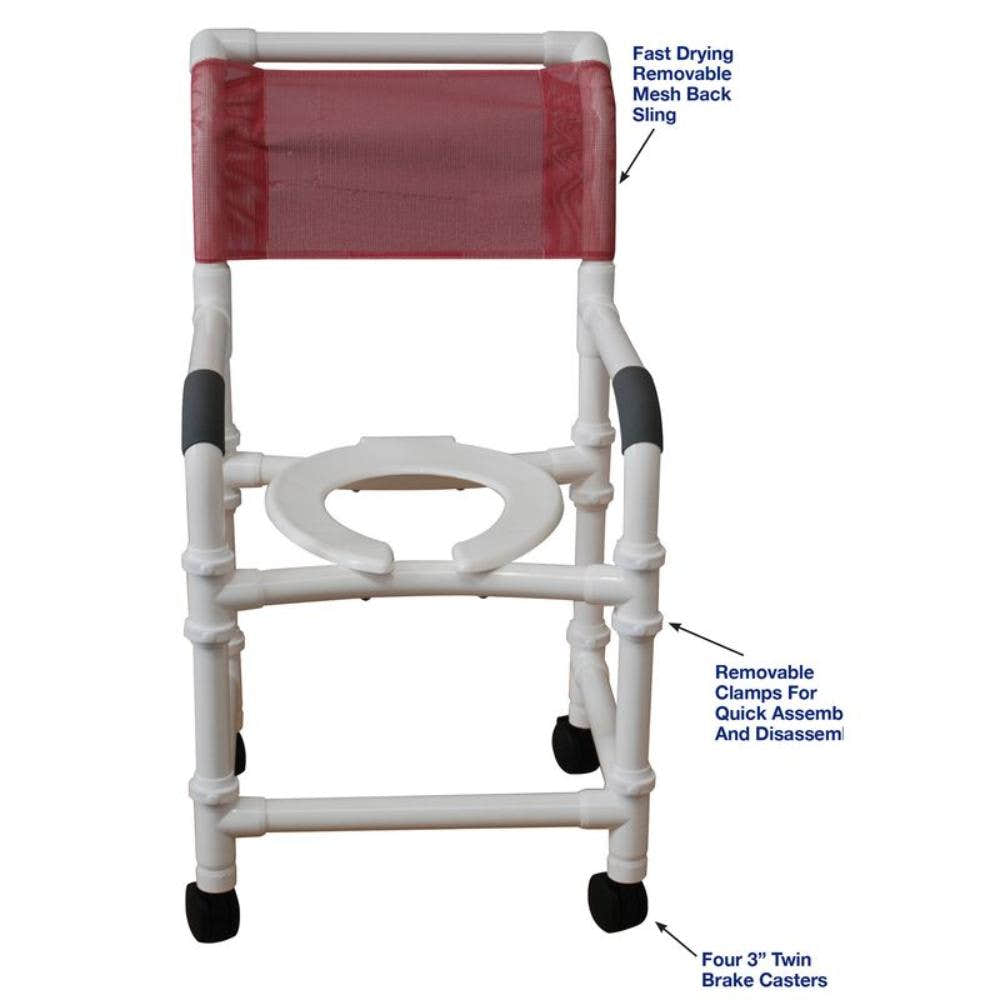 MJM International 118-3TW-KD New Knocked Down Shower Chair, 18" Internal Width, 3" Twin Casters, Open Front Seat, 300 lbs Weight Capacity MJM International 118-3TW-KD New Knocked Down Shower Chair, 18" Internal Width, 3" Twin Casters, Open Front Seat, 300 lbs Weight Capacity
