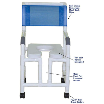 MJM International 118-3TW-OF-SSDE Shower Chair 18" Internal Width, 3" Twin Casters with Open Front and Soft Seat, 300 lbs Weight Capacity MJM International 118-3TW-OF-SSDE Shower Chair 18" Internal Width, 3" Twin Casters with Open Front and Soft Seat, 300 lbs Weight Capacity