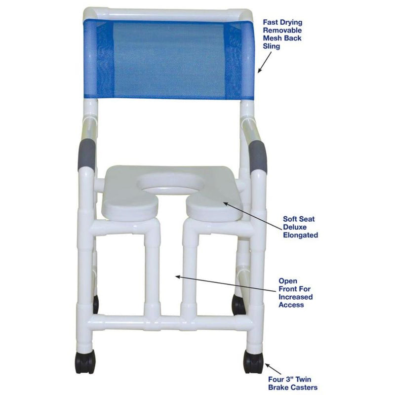 MJM International 118-3TW-OF-SSDE Shower Chair 18" Internal Width, 3" Twin Casters with Open Front and Soft Seat, 300 lbs Weight Capacity MJM International 118-3TW-OF-SSDE Shower Chair 18" Internal Width, 3" Twin Casters with Open Front and Soft Seat, 300 lbs Weight Capacity