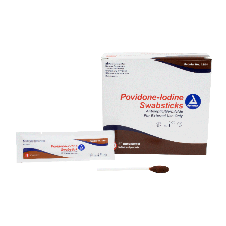 Dynarex Povidone Iodine Swabsticks, 1 Swabstick per Packet, 10 bxs/case (500 Count) Dynarex Povidone Iodine Swabsticks, 1 Swabstick per Packet, 10 bxs/case (500 Count)