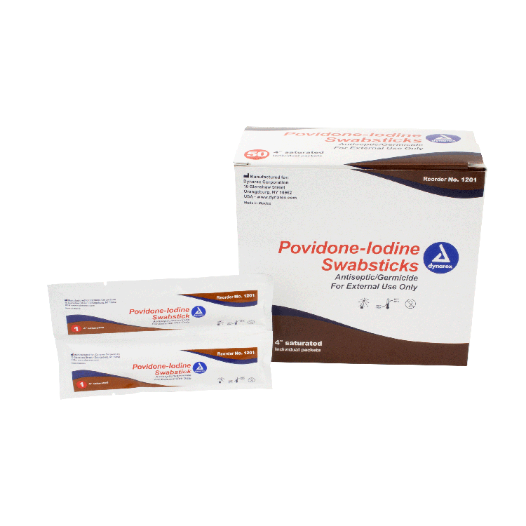 Dynarex Povidone Iodine Swabsticks, 1 Swabstick per Packet, 10 bxs/case (500 Count) Dynarex Povidone Iodine Swabsticks, 1 Swabstick per Packet, 10 bxs/case (500 Count)