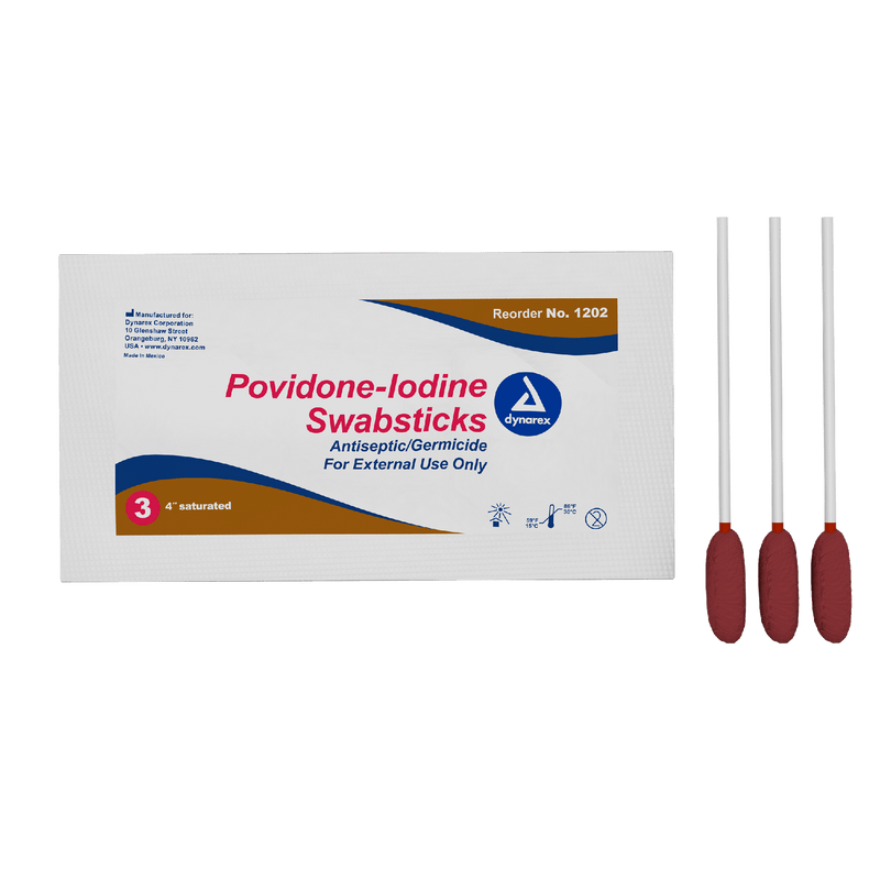 Dynarex Povidone Iodine Swabsticks, 3 Swabsticks per Packet, 10bxs/case (250 Count) Dynarex Povidone Iodine Swabsticks, 3 Swabsticks per Packet, 10bxs/case (250 Count)