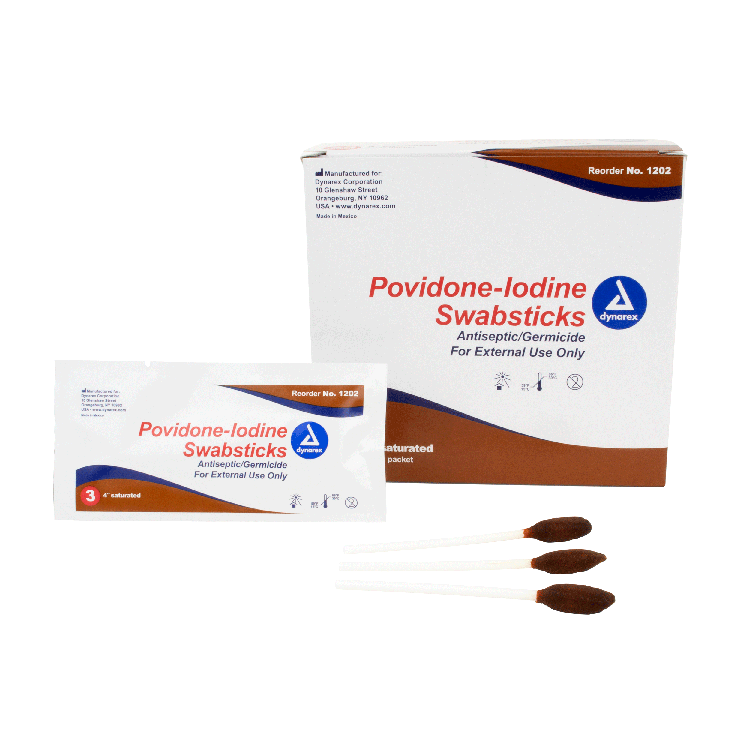 Dynarex Povidone Iodine Swabsticks, 3 Swabsticks per Packet, 10bxs/case (250 Count) Dynarex Povidone Iodine Swabsticks, 3 Swabsticks per Packet, 10bxs/case (250 Count)