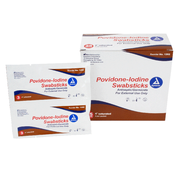 Dynarex Povidone Iodine Swabsticks, 3 Swabsticks per Packet, 10bxs/case (250 Count) Dynarex Povidone Iodine Swabsticks, 3 Swabsticks per Packet, 10bxs/case (250 Count)