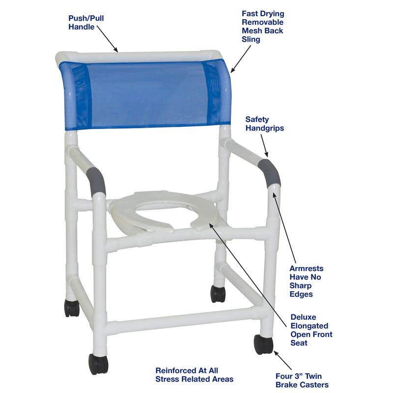 MJM International 122-3TW Wide Shower Chair 22" Internal Width, Open Front Seat, 3" Twin Casters, 375 Lbs Weight Capacity MJM International 122-3TW Wide Shower Chair 22" Internal Width, Open Front Seat, 3" Twin Casters, 375 Lbs Weight Capacity