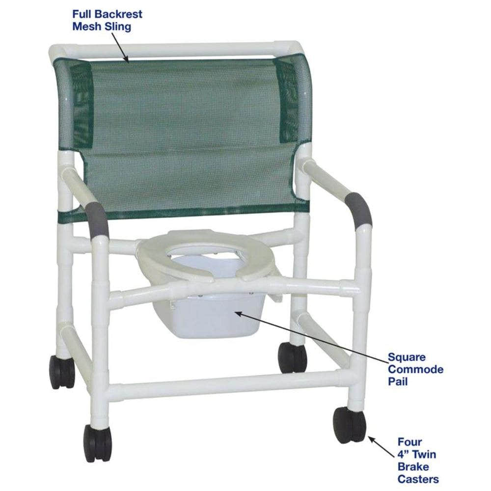 MJM International 126-4-NB Extra-wide Shower Chair 26" Internal Width, Open Front Seat0 Qt. Slide Out Commode Pail, 425 Lbs Weight Capacity MJM International 126-4-NB Extra-wide Shower Chair 26" Internal Width, Open Front Seat0 Qt. Slide Out Commode Pail, 425 Lbs Weight Capacity