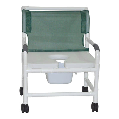 MJM International 126-4-NB-FSSS Extra-wide Shower Chair Fixed Arms PVC Frame Mesh Backrest with Pushbar 26 Inch Seat Width 425 lbs. Weight Capacity MJM International 126-4-NB-FSSS Extra-wide Shower Chair Fixed Arms PVC Frame Mesh Backrest with Pushbar 26 Inch Seat Width 425 lbs. Weight Capacity