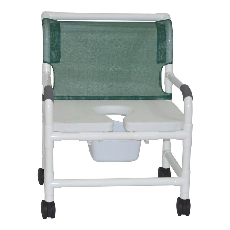 MJM International 126-4-NB-FSSS Extra-wide Shower Chair Fixed Arms PVC Frame Mesh Backrest with Pushbar 26 Inch Seat Width 425 lbs. Weight Capacity MJM International 126-4-NB-FSSS Extra-wide Shower Chair Fixed Arms PVC Frame Mesh Backrest with Pushbar 26 Inch Seat Width 425 lbs. Weight Capacity