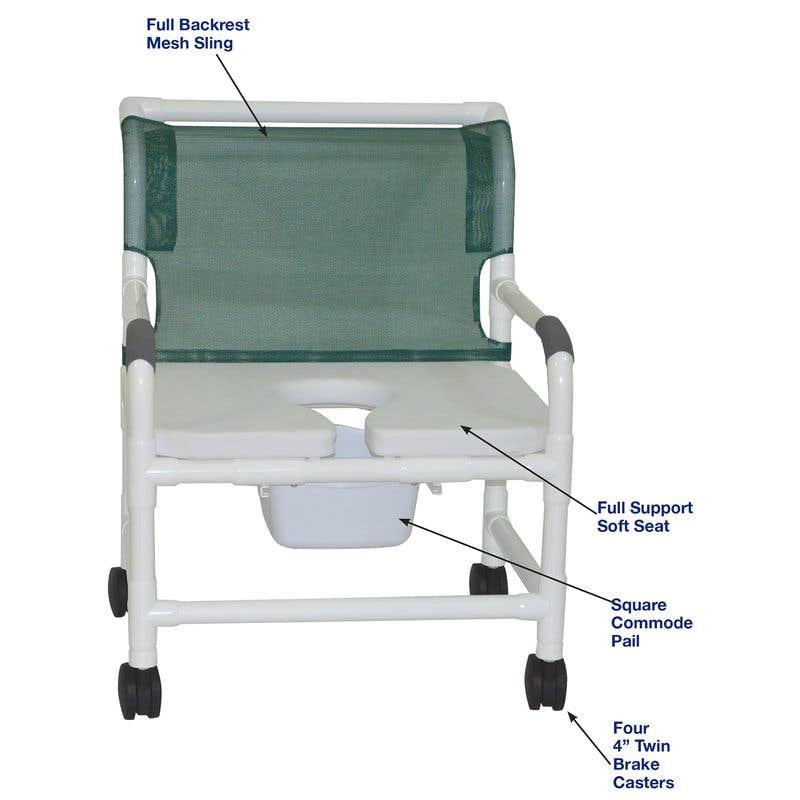 MJM International 126-4-NB-FSSS Extra-wide Shower Chair Fixed Arms PVC Frame Mesh Backrest with Pushbar 26 Inch Seat Width 425 lbs. Weight Capacity MJM International 126-4-NB-FSSS Extra-wide Shower Chair Fixed Arms PVC Frame Mesh Backrest with Pushbar 26 Inch Seat Width 425 lbs. Weight Capacity
