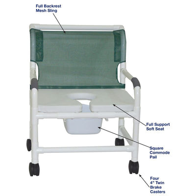 MJM International 126-4-NB-FSSS Extra-wide Shower Chair Fixed Arms PVC Frame Mesh Backrest with Pushbar 26 Inch Seat Width 425 lbs. Weight Capacity MJM International 126-4-NB-FSSS Extra-wide Shower Chair Fixed Arms PVC Frame Mesh Backrest with Pushbar 26 Inch Seat Width 425 lbs. Weight Capacity