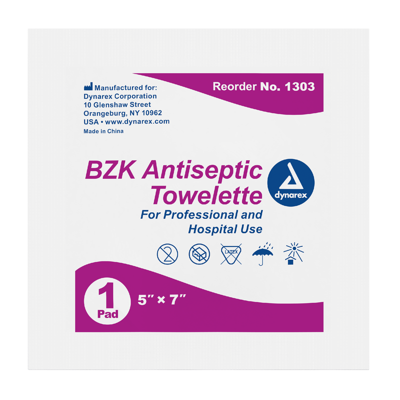 Dynarex BZK Antiseptic Towelettes, 5" x 7", 100ea/bx, 10bxs/case (1000 Count) Dynarex BZK Antiseptic Towelettes, 5" x 7", 100ea/bx, 10bxs/case (1000 Count)