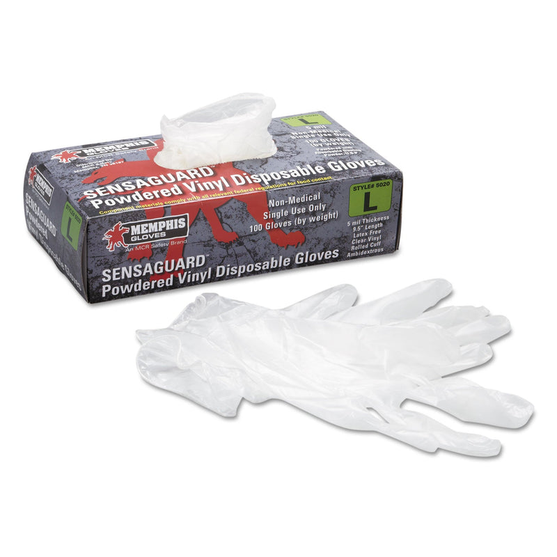 MCR Disposable Vinyl Gloves, Large, 5 mil, Industrial-Grade, 100/Box MCR Disposable Vinyl Gloves, Large, 5 mil, Industrial-Grade, 100/Box