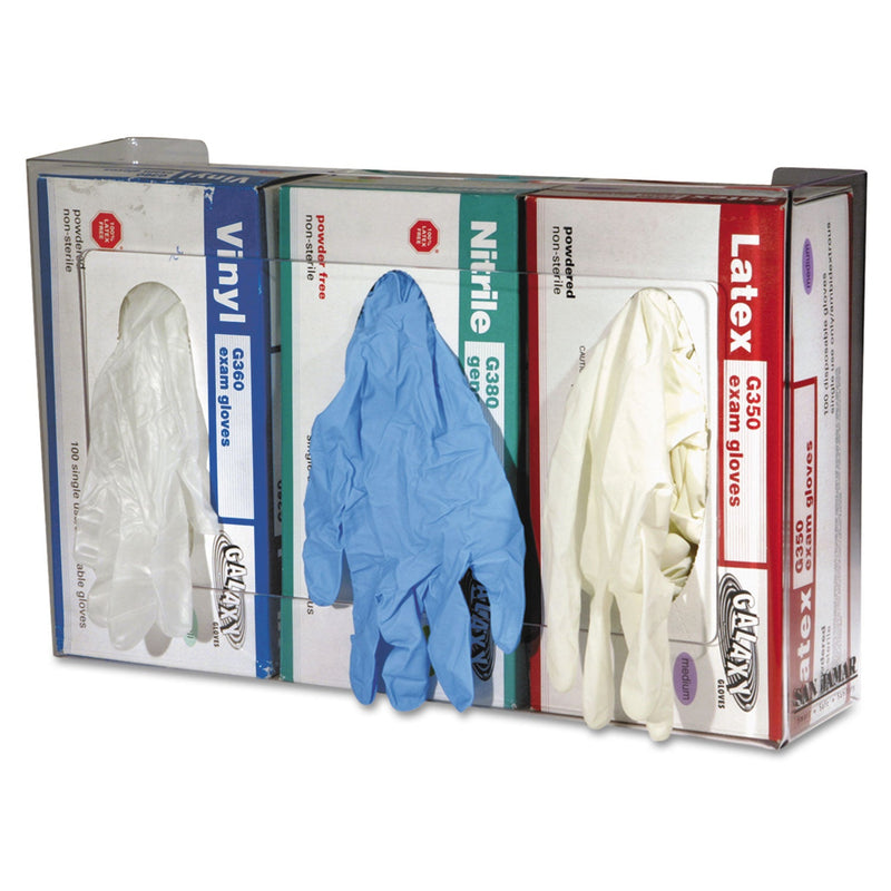 San Jamar Clear Plexiglas Disposable Glove Dispenser, 3-Box, Plexiglas, Clear, 18 x 3.75 x 10 San Jamar Clear Plexiglas Disposable Glove Dispenser, 3-Box, Plexiglas, Clear, 18 x 3.75 x 10
