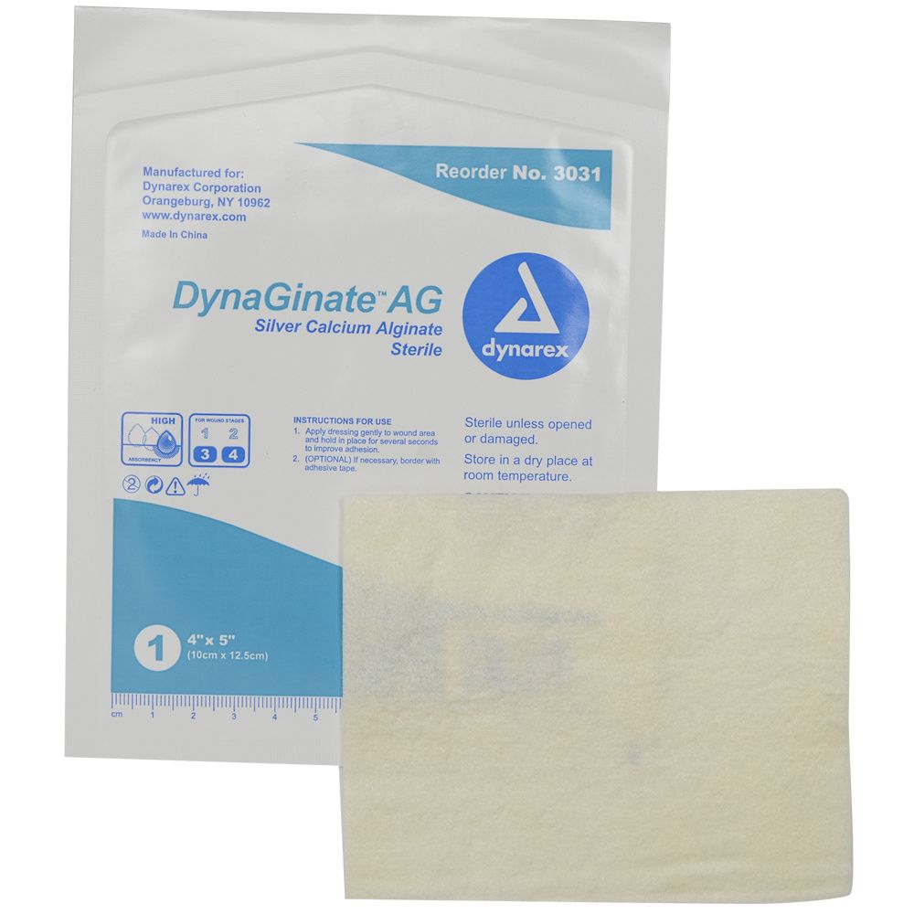 Dynarex DynaGinate AG - Silver Calcium Alginate Dressing, 4" x 5", 10ea/bx, 10bxs/cs (100 Count) Dynarex DynaGinate AG - Silver Calcium Alginate Dressing, 4" x 5", 10ea/bx, 10bxs/cs (100 Count)