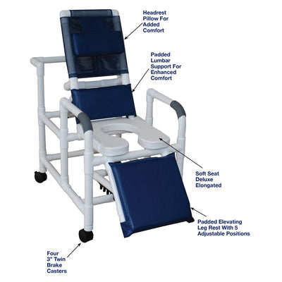 MJM International 193-SSDE Reclining Shower Chair, Open Front Soft Seat And Elevated Leg Extension, 325 Lbs Weight Capacity MJM International 193-SSDE Reclining Shower Chair, Open Front Soft Seat And Elevated Leg Extension, 325 Lbs Weight Capacity