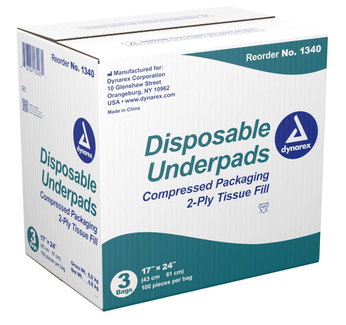 Dynarex Disposable Underpads - Tissue Fill (2 ply), 17" x 24", 100ea/bag, 3bags/case (300 Count) Dynarex Disposable Underpads - Tissue Fill (2 ply), 17" x 24", 100ea/bag, 3bags/case (300 Count)