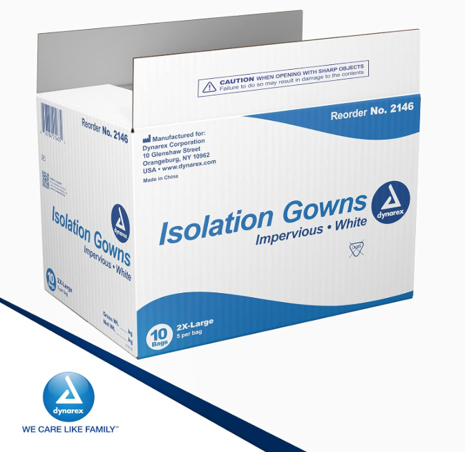 Dynarex Isolation Gown Poly - Coated Barrier, XX-Large, White - 5ea/bx, 10bxs/case (50 Count) Dynarex Isolation Gown Poly - Coated Barrier, XX-Large, White - 5ea/bx, 10bxs/case (50 Count)