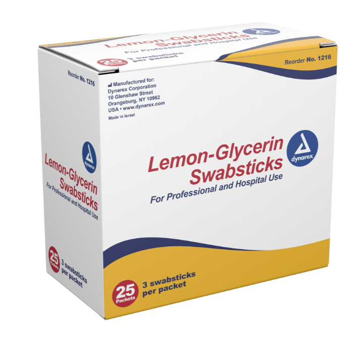 Dynarex Lemon-Glycerin Swabsticks, 3 Swabsticks per Packet, 10bxs/case (250 Count) Dynarex Lemon-Glycerin Swabsticks, 3 Swabsticks per Packet, 10bxs/case (250 Count)