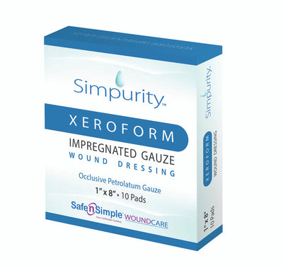 Safe N Simple Simpurity Xeroform Petrolatum Impregnated Gauze Wound Dressing (100 Count) Safe N Simple Simpurity Xeroform Petrolatum Impregnated Gauze Wound Dressing (100 Count)