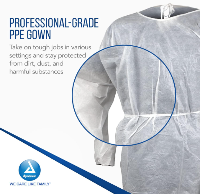 Dynarex Isolation Gown Poly - Coated Barrier, XX-Large, White - 5ea/bx, 10bxs/case (50 Count) Dynarex Isolation Gown Poly - Coated Barrier, XX-Large, White - 5ea/bx, 10bxs/case (50 Count)