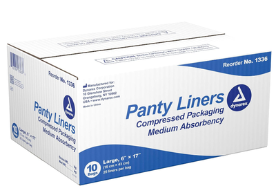 Dynarex Panty Liners w/ Adhesive Tab, 6" x 17", 25ea/bx, 10bxs/case (250 Count) Dynarex Panty Liners w/ Adhesive Tab, 6" x 17", 25ea/bx, 10bxs/case (250 Count)