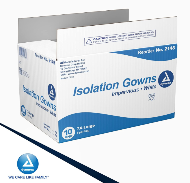 Dynarex Isolation Gown Poly - Coated Barrier, 7XLarge, White - 5ea/bx, 10bxs/case (50 Count) Dynarex Isolation Gown Poly - Coated Barrier, 7XLarge, White - 5ea/bx, 10bxs/case (50 Count)