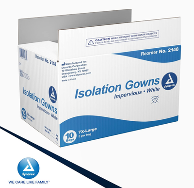 Dynarex Isolation Gown Poly - Coated Barrier, 7XLarge, White - 5ea/bx, 10bxs/case (50 Count) Dynarex Isolation Gown Poly - Coated Barrier, 7XLarge, White - 5ea/bx, 10bxs/case (50 Count)