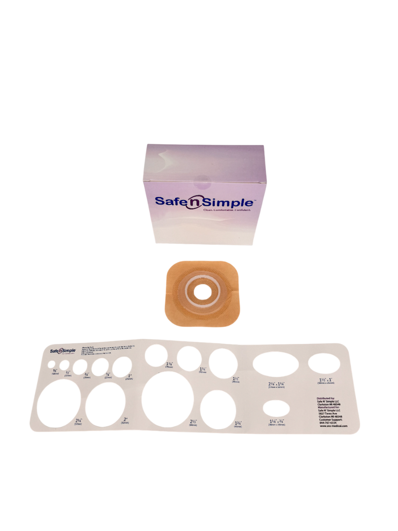 Safe N Simple 2-Piece Wafer Standard Wear with Tape Collar Beige 45mm 1 3/4" Flange with Pre Cut Stoma Opening (80 Count) Safe N Simple 2-Piece Wafer Standard Wear with Tape Collar Beige 45mm 1 3/4" Flange with Pre Cut Stoma Opening (80 Count)