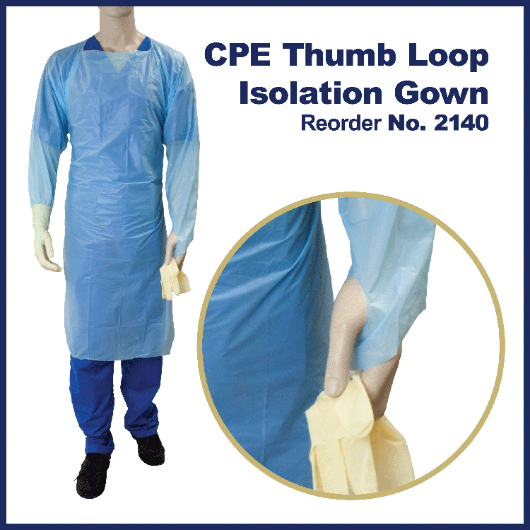 Dynarex CPE Thumb Loop Isolation Gown, Blue - 15ea/bx, 5bxs/case (75 Count) Dynarex CPE Thumb Loop Isolation Gown, Blue - 15ea/bx, 5bxs/case (75 Count)