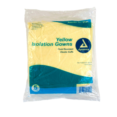 Dynarex Isolation Gown Fluid Resistant, Universal, Yellow - 5ea/bx, 10bxs/case (50 Count) Dynarex Isolation Gown Fluid Resistant, Universal, Yellow - 5ea/bx, 10bxs/case (50 Count)