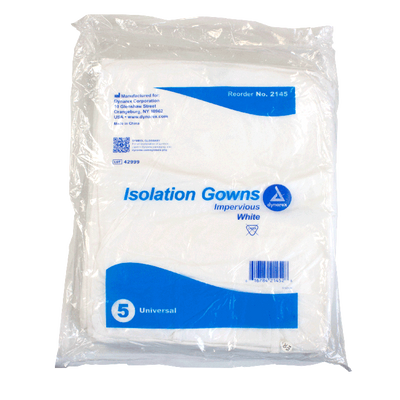 Dynarex Isolation Gown Poly - Coated Barrier, Universal, White - 5ea/bx, 10bxs/case (50 Count) Dynarex Isolation Gown Poly - Coated Barrier, Universal, White - 5ea/bx, 10bxs/case (50 Count)