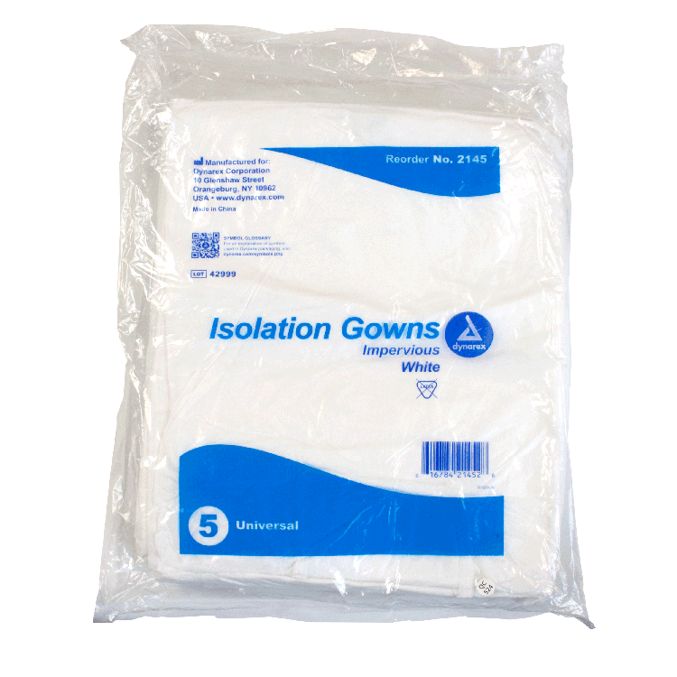 Dynarex Isolation Gown Poly - Coated Barrier, Universal, White - 5ea/bx, 10bxs/case (50 Count) Dynarex Isolation Gown Poly - Coated Barrier, Universal, White - 5ea/bx, 10bxs/case (50 Count)