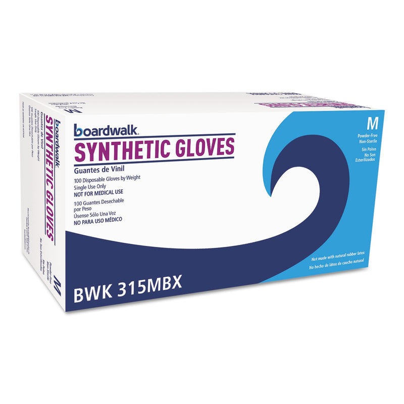 Boardwalk Powder-Free Synthetic Vinyl Gloves, Medium, Beige, 4 mil, 100/Box Boardwalk Powder-Free Synthetic Vinyl Gloves, Medium, Beige, 4 mil, 100/Box