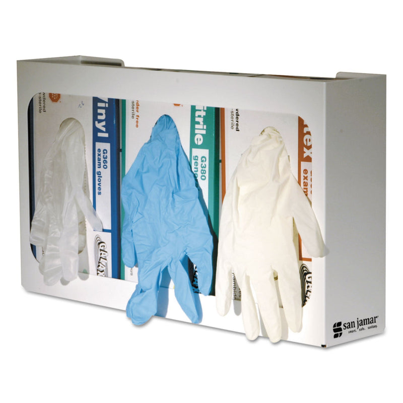 San Jamar White Enamel Disposable Glove Dispenser, 3-Box, Steel, White, 18 x 3.75 x 10 San Jamar White Enamel Disposable Glove Dispenser, 3-Box, Steel, White, 18 x 3.75 x 10