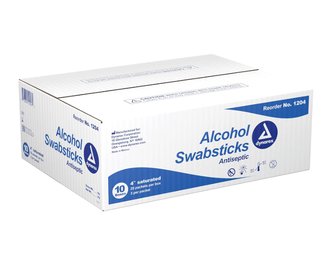 Dynarex Alcohol Swabsticks, 4", 3 Swabsticks per Packet, 10bxs/case (250 Count) Dynarex Alcohol Swabsticks, 4", 3 Swabsticks per Packet, 10bxs/case (250 Count)