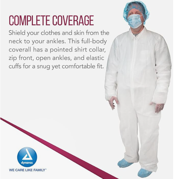 Dynarex Disposable Coveralls, Universal Size, White - 5ea/bx, 5bxs/case (25 Count) Dynarex Disposable Coveralls, Universal Size, White - 5ea/bx, 5bxs/case (25 Count)