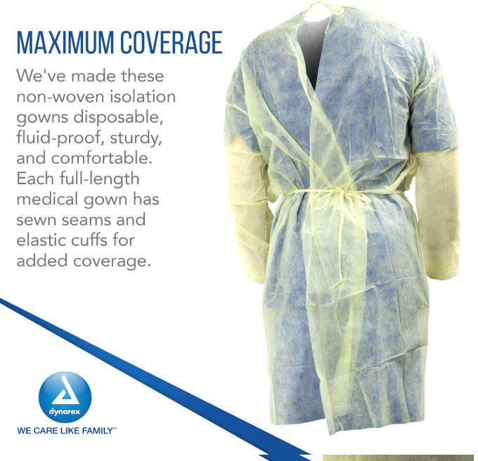 Dynarex Isolation Gown Fluid Resistant, Universal, Yellow - 5ea/bx, 10bxs/case (50 Count) Dynarex Isolation Gown Fluid Resistant, Universal, Yellow - 5ea/bx, 10bxs/case (50 Count)