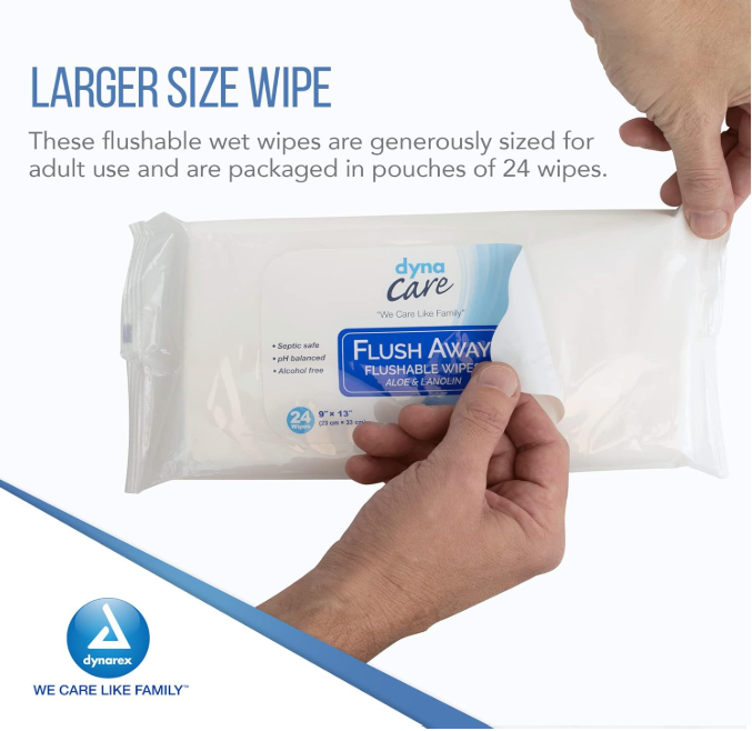 DynaCare Flushable Wipes - Adult, 9" x 13" Soft Pack, 24pks/case (576 Count) DynaCare Flushable Wipes - Adult, 9" x 13" Soft Pack, 24pks/case (576 Count)