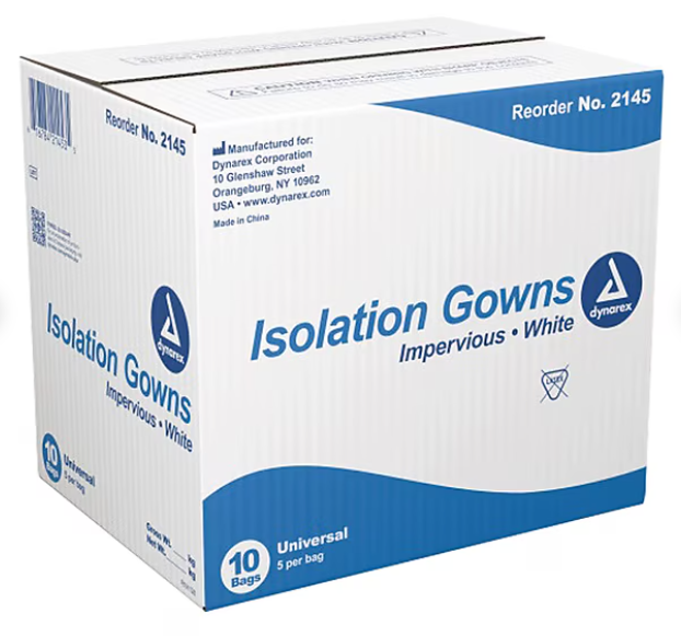 Dynarex Isolation Gown Poly - Coated Barrier, Universal, White - 5ea/bx, 10bxs/case (50 Count) Dynarex Isolation Gown Poly - Coated Barrier, Universal, White - 5ea/bx, 10bxs/case (50 Count)