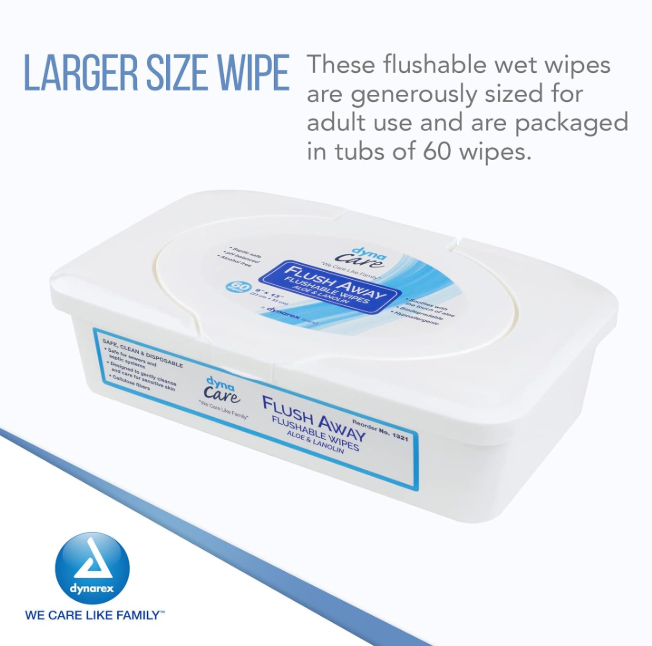 DynaCare Flushable Wipes - Adult, 9" x 13" Tub, 9tubs/case (540 Count) DynaCare Flushable Wipes - Adult, 9" x 13" Tub, 9tubs/case (540 Count)