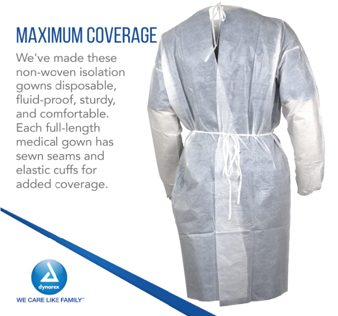 Dynarex Isolation Gown Poly - Coated Barrier, 7XLarge, White - 5ea/bx, 10bxs/case (50 Count) Dynarex Isolation Gown Poly - Coated Barrier, 7XLarge, White - 5ea/bx, 10bxs/case (50 Count)