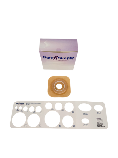 Safe N Simple 2-Piece Wafer Standard Wear with Tape Collar Beige 45mm 1 3/4" Flange with Pre Cut Stoma Opening (80 Count) Safe N Simple 2-Piece Wafer Standard Wear with Tape Collar Beige 45mm 1 3/4" Flange with Pre Cut Stoma Opening (80 Count)